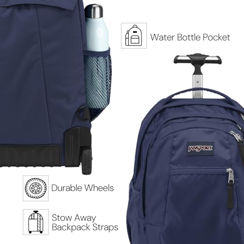 JanSport Driver 8 Rolling Backpack - Wheeled Travel Bag with 15-Inch Laptop Sleeve, One Size, Navy - color: Navy