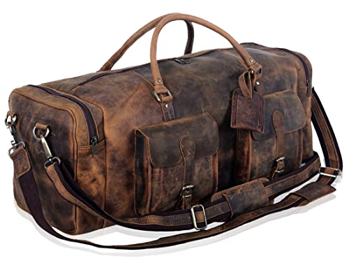 KomalC 28 Inch Leather Duffle Bag for Men & Women, Travel Gym Holdall - color: Distressed Brown, size: 28 Inches