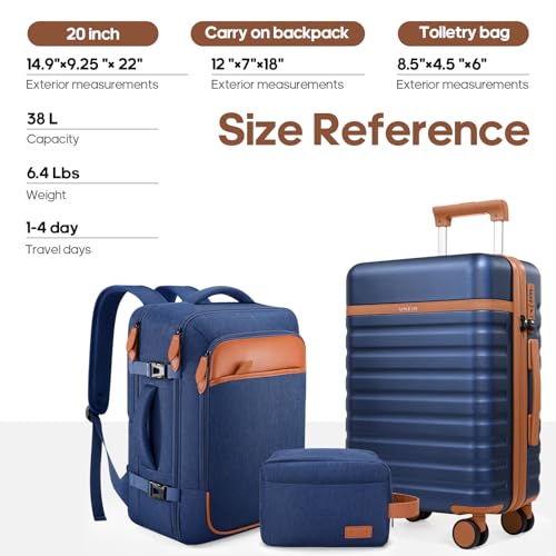 UKEIN Luggage Sets 3Piece, Carry On Luggage 20in Suitcase Set With Backpack - color: Blue, size: 3 piece set (20inch)