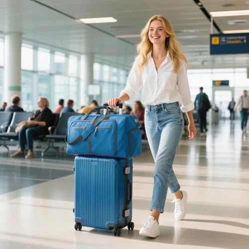 Travel Duffle Bag, Lightweight Checked Luggage with Shoe Compartment, Water-Resistant Weekender Overnight Bag for Women - color: K Light Blue