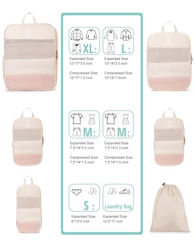 6/8 Set Space Saving Compression Packing Cubes Lightweight Packing Cube - color: Beige, size: 6 Pcs(XL,L,M*2,S,laundry bag)