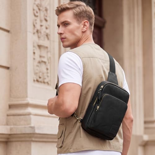 S-ZONE Genuine Leather Sling Bag for Women Men RFID Blocking Card Slots - color: Black