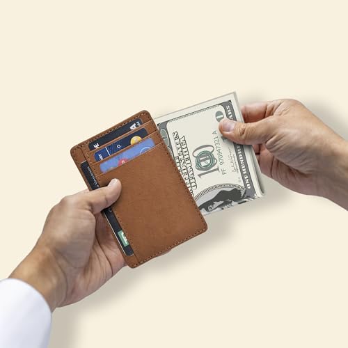 Slim Minimalist RFID Leather Wallet, Front Pocket Card Holder for Men - color: Cognac