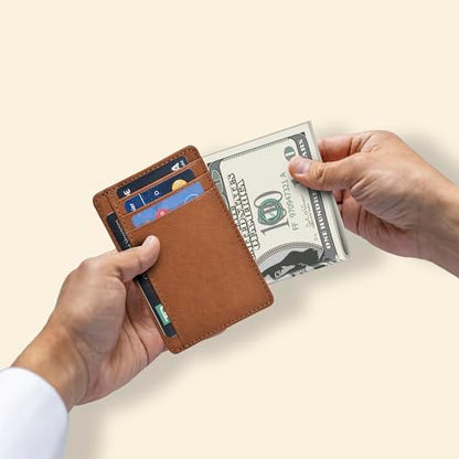 Slim Minimalist RFID Leather Wallet, Front Pocket Card Holder for Men - color: Cognac