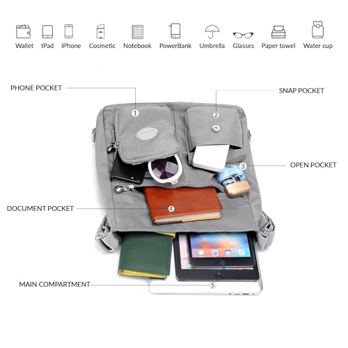 Hobo Purse for Women, Nylon Crossbody Shoulder Handbag Convertible Backpack - color: Grey