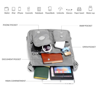 Hobo Purse for Women, Nylon Crossbody Shoulder Handbag Convertible Backpack - color: Grey