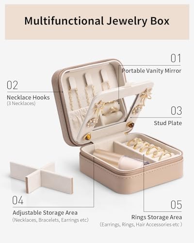 VLANDO Travel Jewelry Case with Mirror, Storage 3 Pairs of Stud Earrings - color: J.Toffee