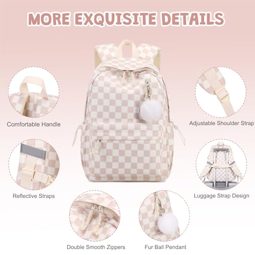 3PCS Corduroy Girls Backpack w/ Lunch Box & Pencil Bag (Beige Chessboard) - color: Beige Chessboard