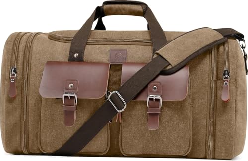 Canvas Duffle Bag for Men - 50L Expandable Travel Duffel Bags - color: Coffee, size: Large-50L