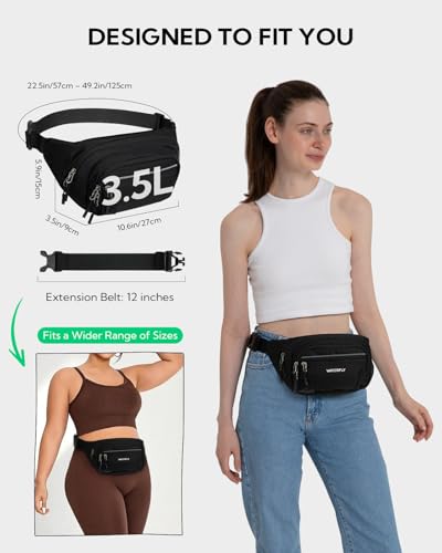 WATERFLY 3.5L RFID Fanny Pack: Anti-Theft 12" Extender Belt for Travel - color: Black