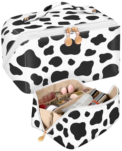 Bistup Makeup Bag Travel Cosmetic Bag Toiletry Make Up Bags Cute Women Large Capacity Big Medium Leather Cow Print Aesthetic Girl Teen Teenage Foldable Expandable Open Flat Zip - color: 5-Cow Print