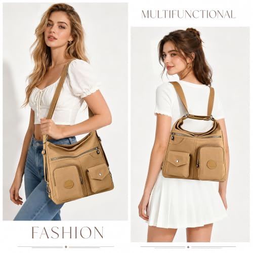 Hobo Purse for Women, Nylon Crossbody Shoulder Handbag Convertible Backpack - color: Beige