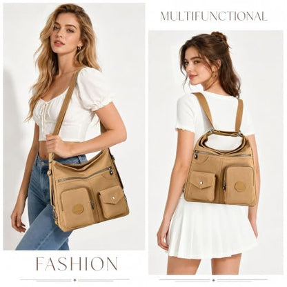 Hobo Purse for Women, Nylon Crossbody Shoulder Handbag Convertible Backpack - color: Beige