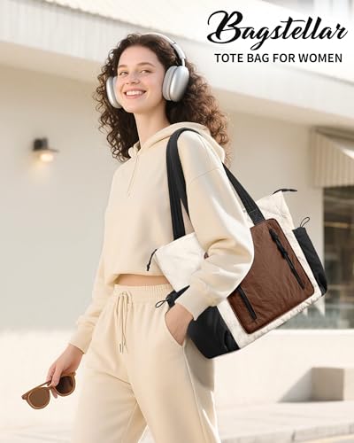 Bagstellar Puffer Tote Bag for Women, Lightweight Puffy Work Laptop Handbag - color: Cream-brown-black