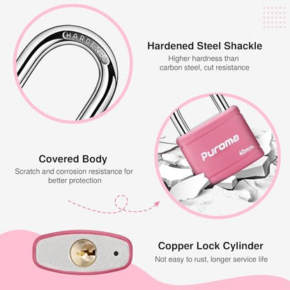Puroma 2 Keyed Padlock with 3 Keys 7/8" School Locker Lock Gate 40mm Pink - color: Pink