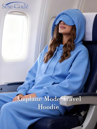 SeSe Code Hoodie with Eye Mask Travel Airplane Unisex Oversized Sweatshirt - color: Blue, size: Medium