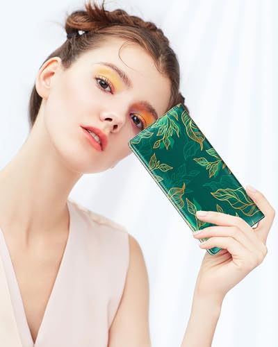 Womens Wallet, RFID Slim Wallet, Credit Card Holder Purse, Leather Bifold - color: Luxury Green Leaf