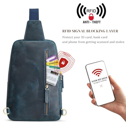 S-ZONE Sling Bag for Men Women RFID Blocking Genuine Leather Crossbody - color: Blue