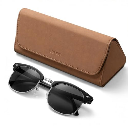 VULKIT Glasses Case, Foldable & Portable Design, Leather Hard Shell Folding Eyeglass Holder for Mens Womens - color: Brown
