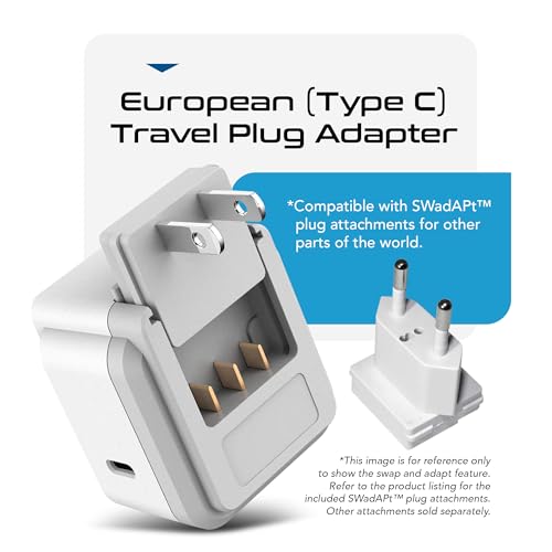 Ceptics European Plug Adapter, Safe USB-C 30W PD & QC 3.0-2 USA Socket - Compact & Powerful - Use in Greece, Italy, Switzerland, Turkey, Portugal - Includes Type C Swadapt Attachment - style: Type C - 30W USB-C