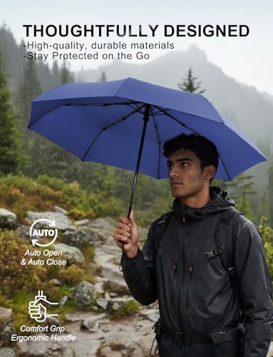 Windproof Travel Umbrella, Automatic Compact Folding Umbrella, Small Travel Size Umbrella for Rain, Backpack & Everyday Carry - color: Dark Blue