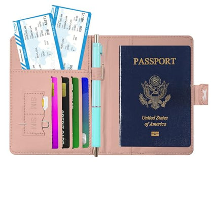Passport Holder, Cute Travel Wallet Cover with RFID Blocking,Pink | PU leather travel wallet with magnetic closure, card slots, pen loop, and easy access for passports and essentials. - color: R-Pink