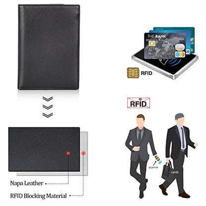 Polare Leather Passport Holder RFID Blocking Travel Bifold Wallet - color: Black