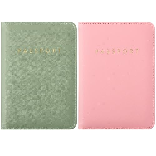 Frienda 2 Pcs Passport Holder Covers Waterproof Leather - color: Lotus Root Pink, Moss Green