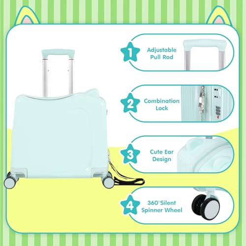20" Kids Ride-On Suitcase with Rope, Carry-On Luggage with TSA Lock - color: Green