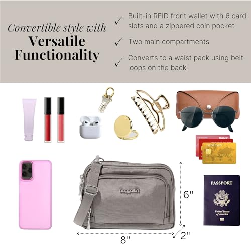 Baggallini Triple Zip with Front Wallet/Trifecta RFID Wallet Crossbody - color: Sterling Shimmer