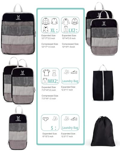 6/8 Set Space Saving Compression Packing Cubes Lightweight Packing Cube - color: Black, size: 6 Pcs(XL,L,M*2,S,laundry bag)