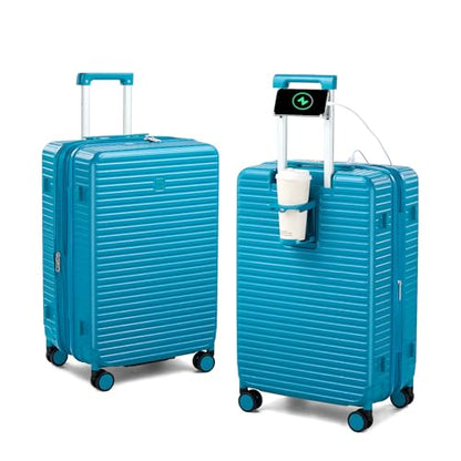 HanTrip Hard Case 24 Inch Check in Luggage with Wheels, Caribbean Blue - color: Caribbean Blue, size: Expandable 24 Inch