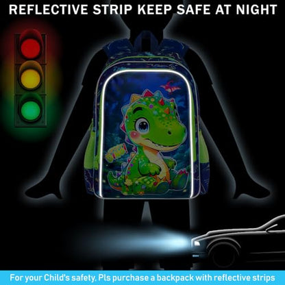 gxtvo 3PCS Boys Dinosaur Backpack Set, 16" Kids Bookbag with Lunch Box, Water Resistant Elementary Preschool Toddler School Bag - Cute Green Dino - color: Toe Dinosaur Green