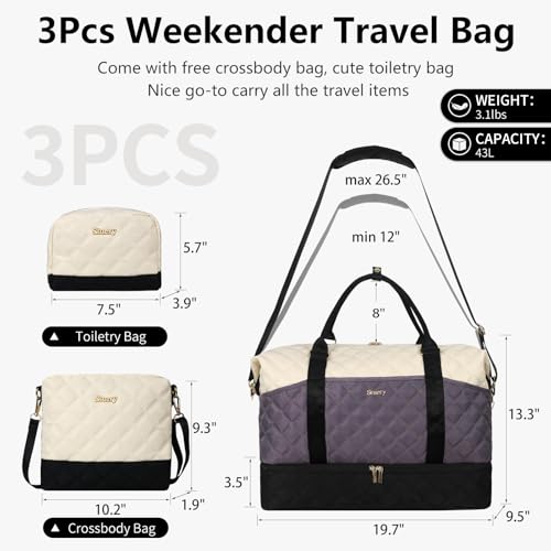 Weekender Bag, Large Travel Duffel Bag for Women, Carry on Overnight Bag with Shoe Compartment and Toiletry Bags - color: E-3PCS Beige Grey Black