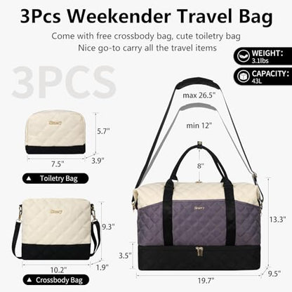 Weekender Bag, Large Travel Duffel Bag for Women, Carry on Overnight Bag with Shoe Compartment and Toiletry Bags - color: E-3PCS Beige Grey Black