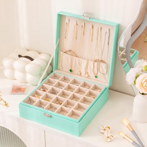 Frebeauty 50 Grid Earring Holder Organizer,2 Layer Jewelry Box for Women - color: Turquoise