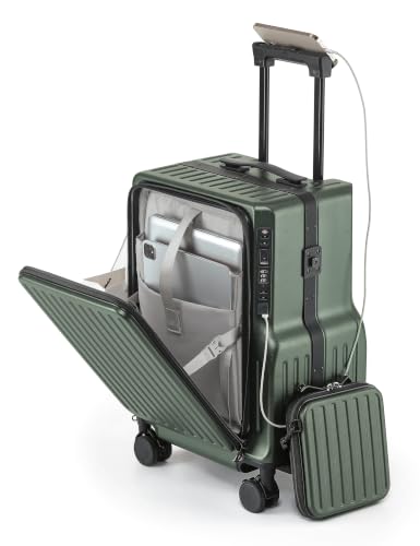 20-Inch Front Opening Carry On Luggage with Detachable Bag, Green - color: Green