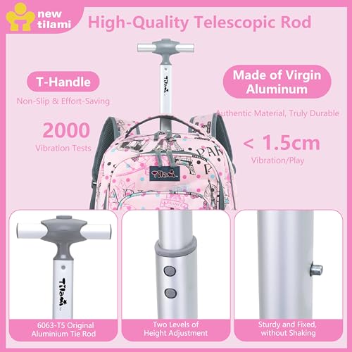 NEW TILAMI 18 Inch Rolling Backpack with Lunch Bag for Girls Boys School - color: Pink Paris