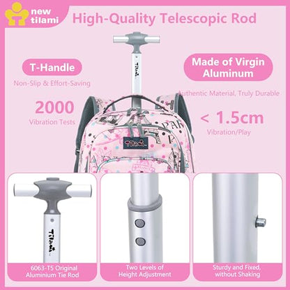 NEW TILAMI 18 Inch Rolling Backpack with Lunch Bag for Girls Boys School - color: Pink Paris