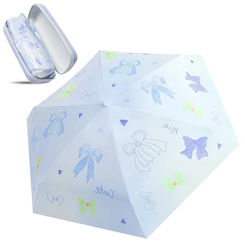 Mini Travel Folding Umbrella - Small Compact Sun Retractable Umbrella with Case, Lightweight Portable UPF 50+ Rain UV Protection Windproof Parasol for Pocket Backpack Women Girls Lady - color: Purple Bow