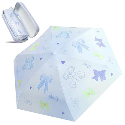 Mini Travel Folding Umbrella - Small Compact Sun Retractable Umbrella with Case, Lightweight Portable UPF 50+ Rain UV Protection Windproof Parasol for Pocket Backpack Women Girls Lady - color: Purple Bow