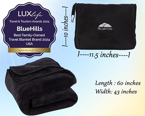BlueHills Premium Soft Travel Blanket Pillow Flight Comfort Throw - Black | Packed in Soft Bag Pillowcase with Luggage Strap, Carabiner, Long Flight Essentials, Compact Travel Pillow Converts Blanket - color: Black-1pk-t008