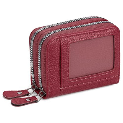 RNIEGA Credit Card Holder Wallet RFID Blocking Leather Small Wallet for Women Double Zipper Wallet with ID Window - color: A-Burgundy