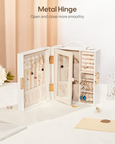 Enthralite Portable Travel Jewelry Case: Jewelry Box with Lock and Mirror - color: White