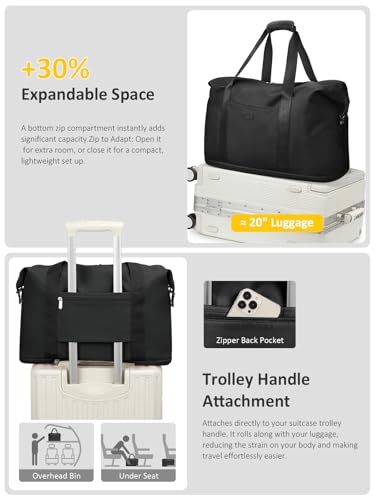 Capolo Expandable Travel Duffle Bag Weekender Overnight Bags for Women Men - color: Black, size: Large
