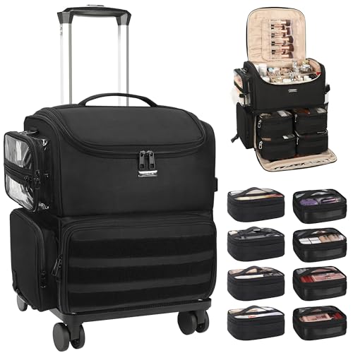 Relavel Rolling Makeup Case, Cosmetology Case on Wheels with 8 Clear Bags, Professional Makeup Artist Set Bags Cosmetic Storage Organizer with Adjustable Dividers, 360° Spinner Wheels, Black - color: Black with 4 small bags