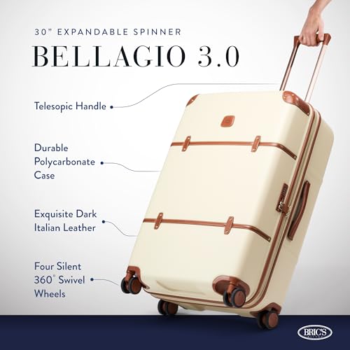 Bric's Bellagio 3.0 Spinner Trunk- Luxury Hardshell Check In Luggage with Large Wheels, Telescopic Handle, Leather Detailing - Expandable Rolling Suitcase - 30", Cream - color: Cream, size: 30" Checked-Large