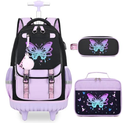 Bevalsa Rolling Backpack for Girls, 3PCS Roller School Backpack Set - color: Purple Butterfly