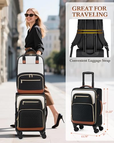 RAINSMORE Carry On Luggage with wheels, Softside Suitcases Set 3 Piece - color: Black-White-Brown