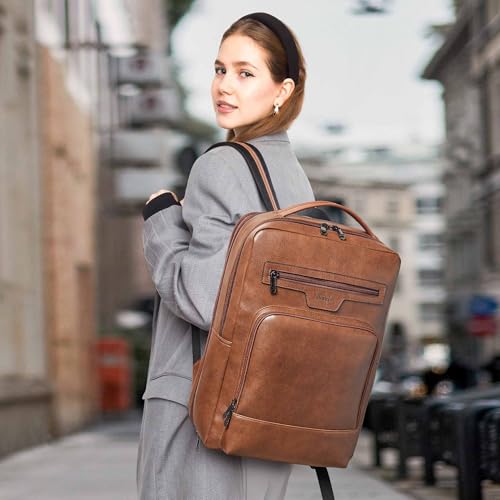 Shrrie 16 Inch Vegan Leather Laptop Backpack for Women and Men - color: Brown